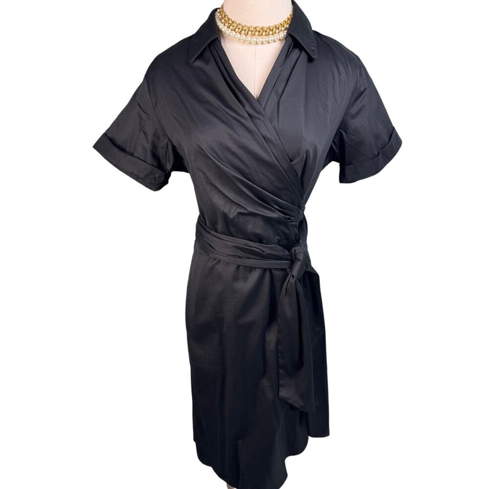 Talbots stretch sateen cotton surplice partial wrap shirt dress black size 14P